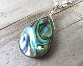 Abalone necklace - Paua shell pendant - 18" silver dainty chain - choice of silver plated or sterling silver