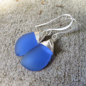 Sea glass earrings cultured seaglass jewelry choice of colors and metal silver plated or sterling light blue