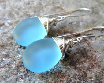 teardrop sea glass earrings - wire wrapped - choice of glass color and metals -silver plated or sterling silver