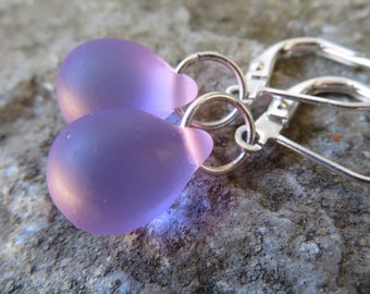tiny sea glass drop earrings - lever back ear wires - choice of several colors - choice of silver plated or sterling