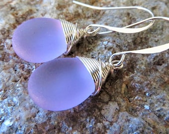 purple sea glass earrings, cultured sea glass , wire wrapped earrings, periwinkle color changing lavender purple blue,