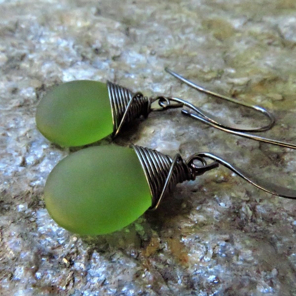 Wine bottle Green seaglass earrings - black wire wrapped jewelry - simple elegant tear drop dangle earrings