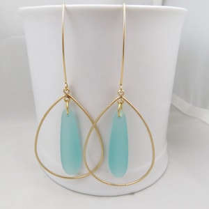 long blue sea glass earrings, gold hoops, lightweight earrings