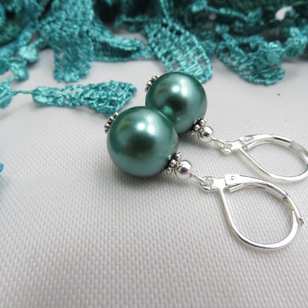 Teal pearl dangle earrings - dainty simple drops - lever back ear wires