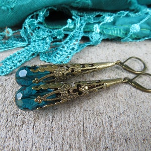 long Victorian style Teal crystal earrings - bronze antique style - choice of bead color and ear wire - lever back wires