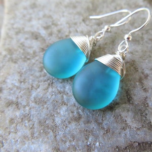 teardrop sea glass earrings - wire wrapped - choice of glass color and metals -silver plated or sterling silver