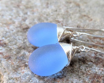 Light Sapphire Blue sea glass earrings - silver wire wrapped jewelry - choice of color and metal at checkout