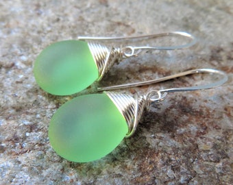 peridot green sea glass earrings - cultered beach glass - choice of glass colors and material
