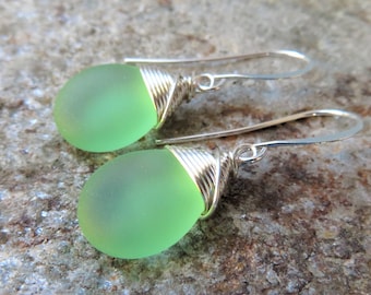 peridot green sea glass earrings - cultered beach glass - choice of glass colors and material