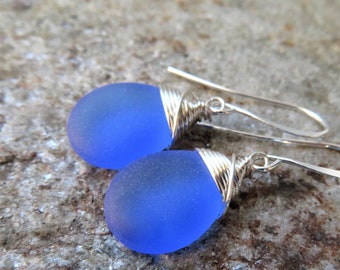 Dark Sapphire Blue sea glass earrings - silver wire wrapped jewelry - choice of color and metal at checkout