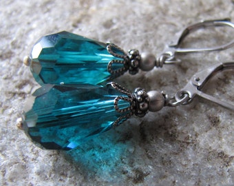 minimalist glass teardrop stainless steel lever back ear wires Victorian style Teal earrings antique style dark silver