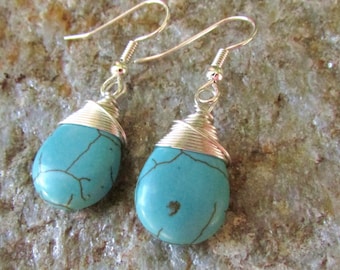Turquoise Earrings - smooth magnesite teardrops - gemstone  jewelry - silver wire wrapped