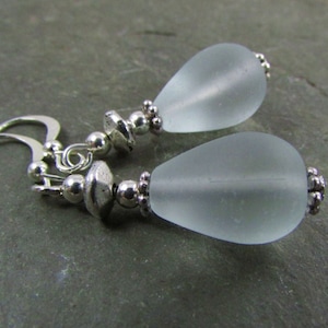 clear teardrop sea glass earrings - cultured beach jewelry