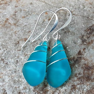 Ocean Blue sea glass earrings with fancy wire wrapping