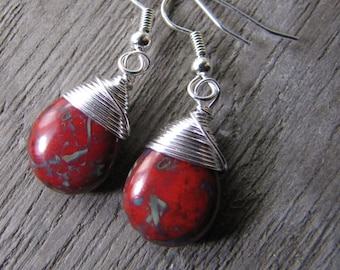 Picasso Czech glass red teardrop earrings,  silver wire wrapped jewelry
