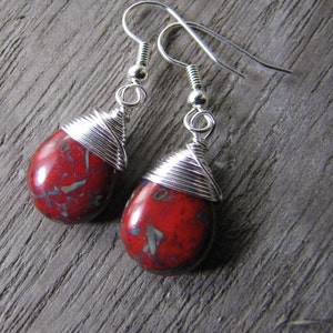 Picasso Czech glass red teardrop earrings, silver wire wrapped jewelry image 1