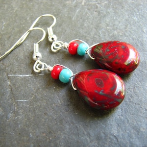 Red and turquoise earrings - picasso glass Teardrops - wire wrapped jewelry - Southwestern style