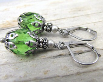 minimalist glass teardrop stainless steel lever back ear wires Victorian style Teal earrings antique style dark silver