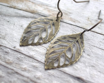 Antique brass leaf earrings