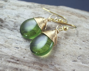 Green Czech Glass teardrop earrings - Wire Wrapped - 14 k gold filled jewelry