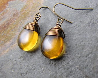 Topaz earrings,  glass teardrops, antique brass, wire wrapped jewelry