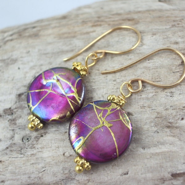 pearl Earrings purple earrings delicate and elegant mother of pearl black berry gold earrings