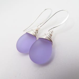 sea glass teardrop earrings with custom wire wrapping Purple