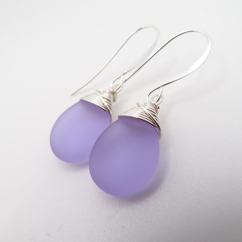 sea glass teardrop earrings with custom wire wrapping Purple