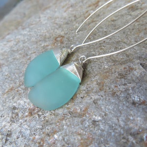 Long Aqua green or seafoam green sea glass earrings - wire wrapped jewelry - beach glass