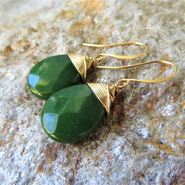 Forest green jade earrings - Long french ear hooks - Gold colored wire wrap - faceted teardrops