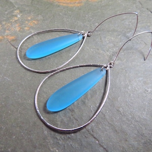Blue Seaglass silver dangle earrings