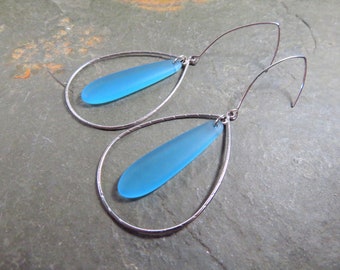 Blue Seaglass silver dangle earrings