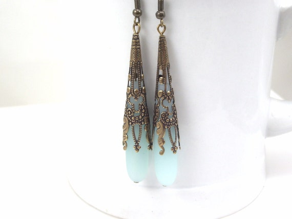 Long Sea Glass earrings Victorian Style Vintage Brass