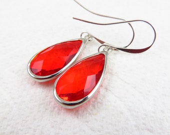 Light Red silver glass teardrop earrings  - choice of ear wire style -