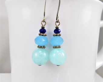blue gemstone earrings - vintage brass jewelry - multi gems