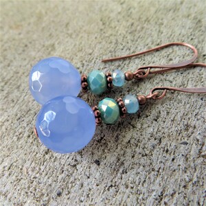 Pale Blue Agate Earrings - Antique copper jewelry - tall French ear wires