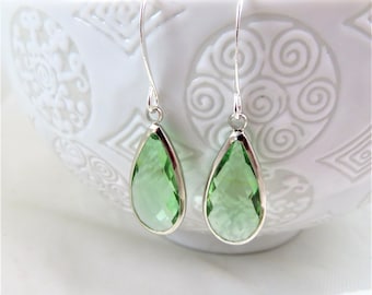 Light Green silver glass teardrop earrings  - choice of ear wire style -