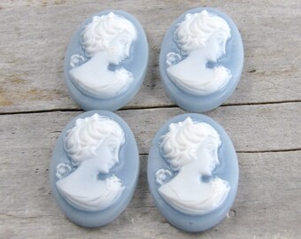 blue resin white lady cameos cabachons 4 pce wholesale pendant beads  jewelry making supplies