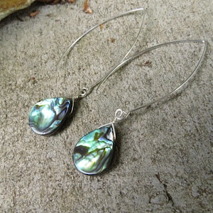 Long Abalone Earrings - silver Paua shell jewelry - tear drop -lightweight dangle V wires