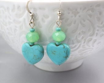 Turquoise Heart Earrings - magnesite and glass opal -