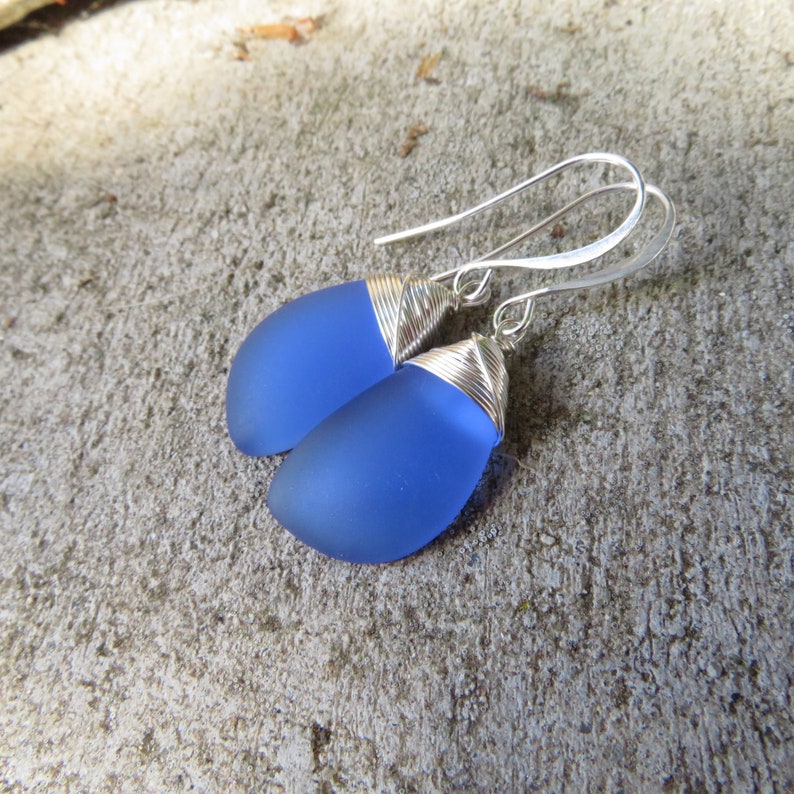 Sea glass earrings cultured seaglass jewelry choice of colors and metal silver plated or sterling light blue