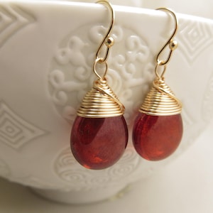 Garnet earrings - smooth glass teardrops - choice of gold or silver wire wrapped - hypoallergenic ear wires - Garnet colored jewelry
