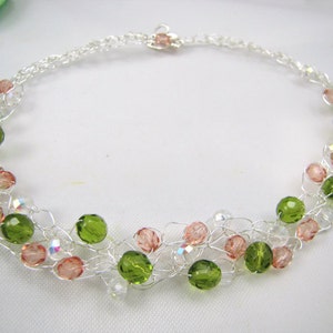 wire crochet necklace - spring colored silver choker - green pink and white statement necklace