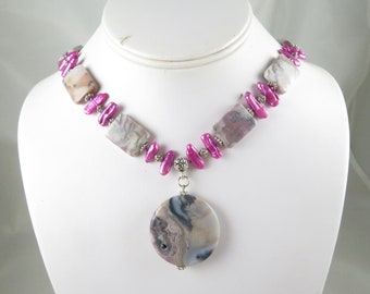 chunky hot pink Statement necklace - sugalite jewelry - hot pink biwa pearls