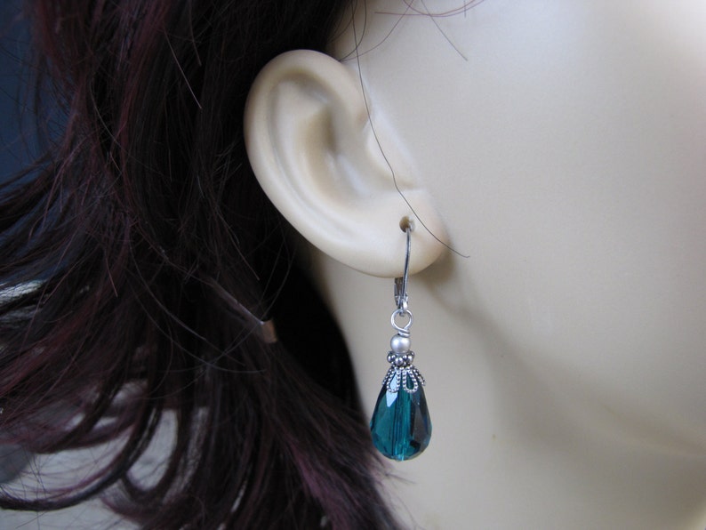 minimalist glass teardrop stainless steel lever back ear wires Victorian style Teal earrings antique style dark silver