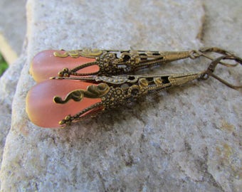 long peach earrings long victorian style glass teardrop jewelry  frosted peach seaglass antique vintage bronze extra long earrings