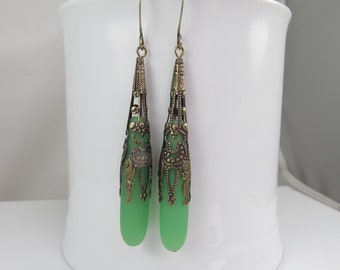 long sea glass earrings, Vintage look brass jewelry