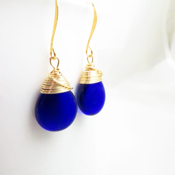 cobalt blue glass earrings,   gold wire wrapping