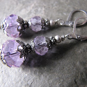lilac purple earrings - Victorian style glass crystal jewelry - dark silver antique - minimalist