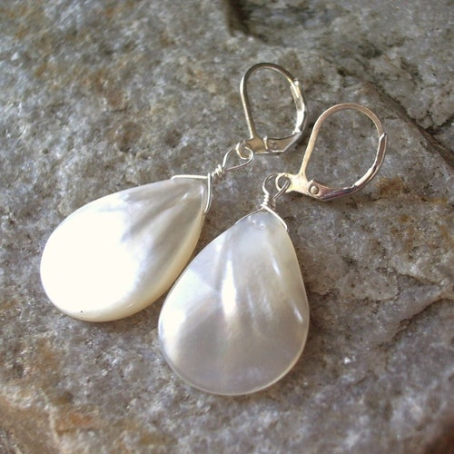 white pearl earrings, mother of pearl teardrops, lightweight,  silver lever back ear wires